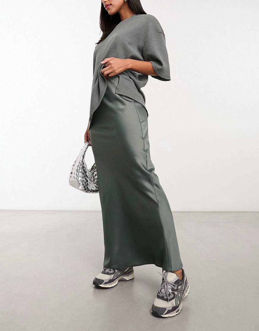 Asos Design Satin Bias Maxi Skirt In Gunmetal Gray