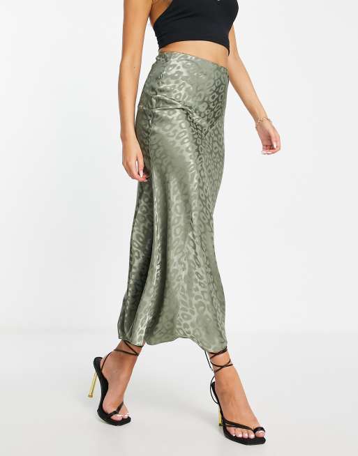 ASOS DESIGN satin bias maxi skirt in khaki leopard jacquard