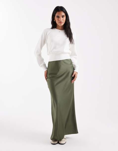 ASOS DESIGN satin bias maxi skirt in khaki - view 1