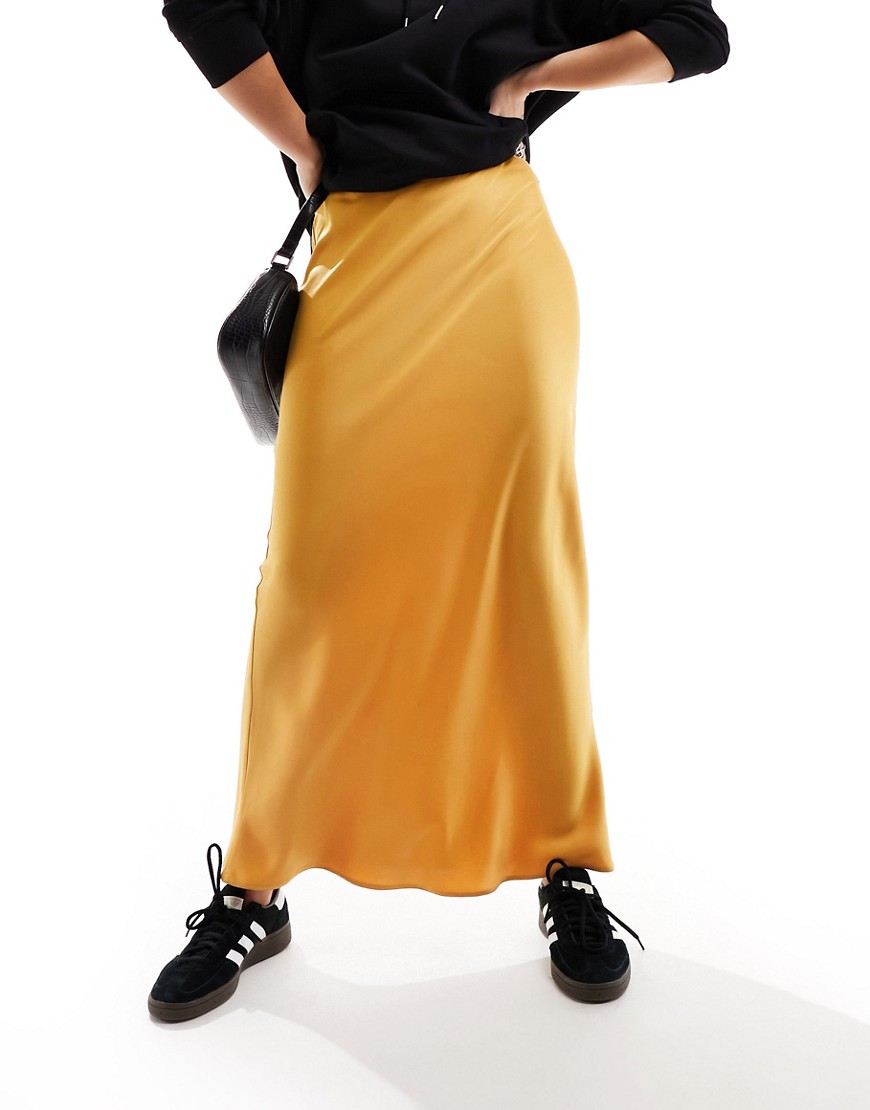 ASOS DESIGN satin bias maxi skirt in mustard-Brown