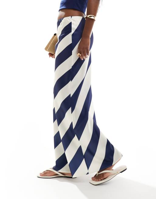 ASOS DESIGN satin bias cut maxi skirt in navy stripe