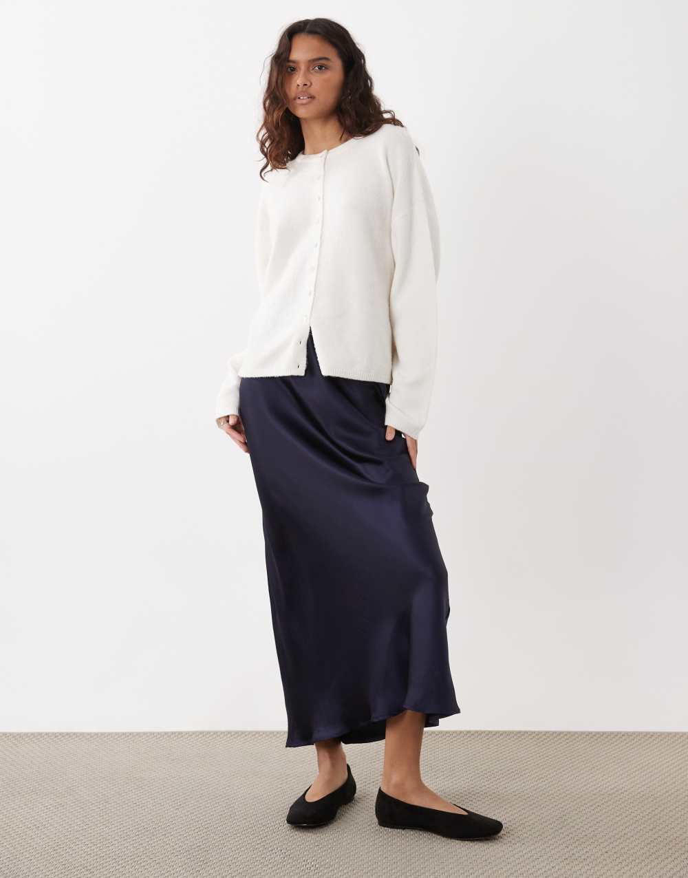 ASOS DESIGN satin bias maxi skirt in navy