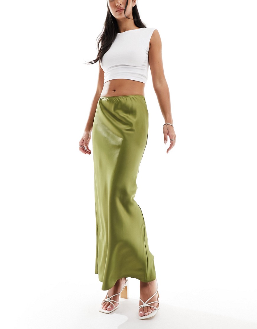 ASOS DESIGN satin bias maxi skirt in olive-Green
