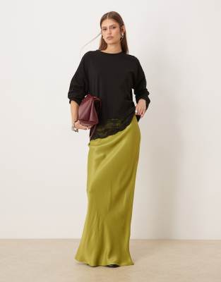 Asos Design Satin Bias Maxi Skirt In Green