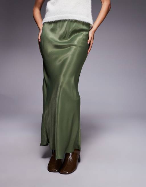 ASOS DESIGN satin bias maxi skirt in olive, 2 of 5