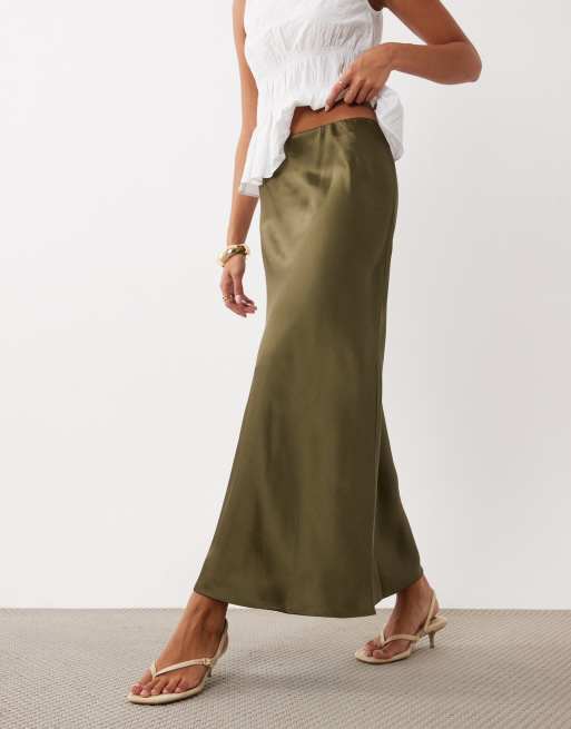 ASOS DESIGN satin bias maxi skirt in olive, 2 of 5