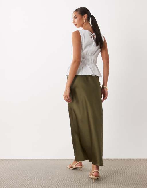 ASOS DESIGN satin bias maxi skirt in olive, 5 of 5