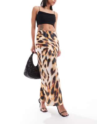 Asos Design Satin Bias Maxi Skirt In Oversized Leopard Print-multi