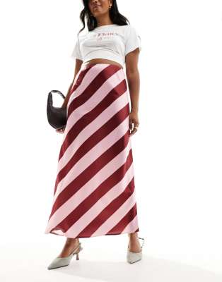 satin bias maxi skirt in pink and burgundy stripe-Multi