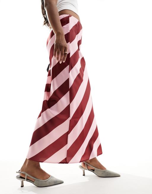 ASOS DESIGN satin bias maxi skirt in pink and burgundy stripe, 2 of 5