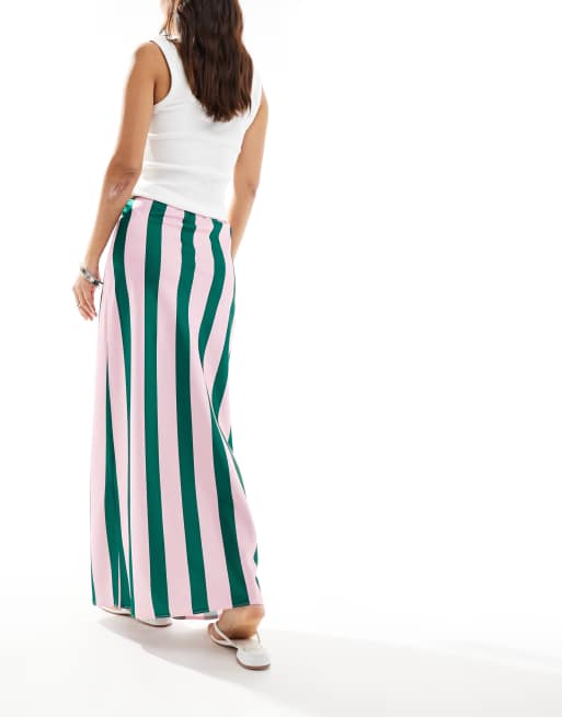 ASOS DESIGN satin bias maxi skirt in pink and green stripe, 3 of 5