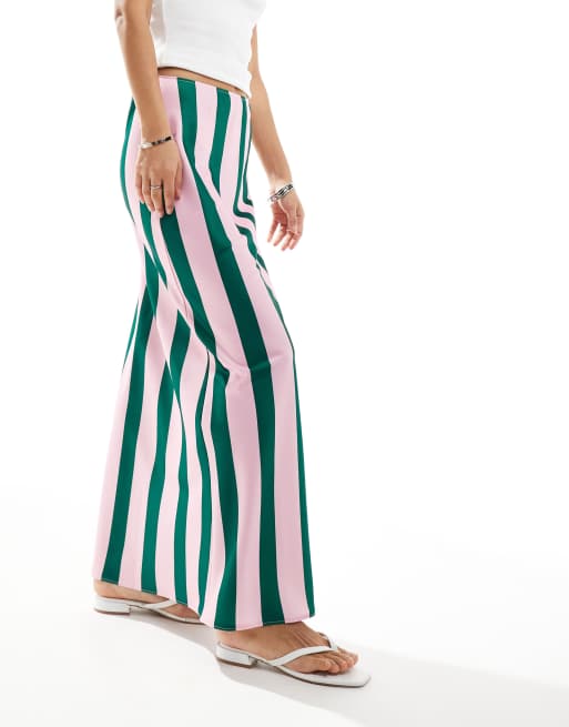 ASOS DESIGN satin bias maxi skirt in pink and green stripe, 5 of 5