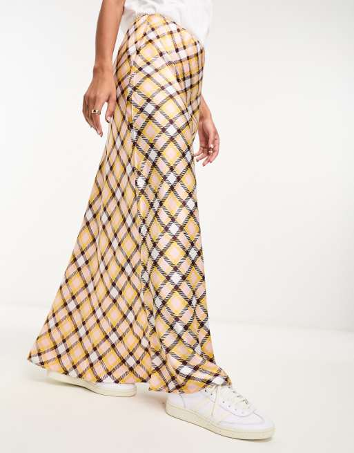 ASOS DESIGN satin bias maxi skirt in pink and yellow plaid | ASOS