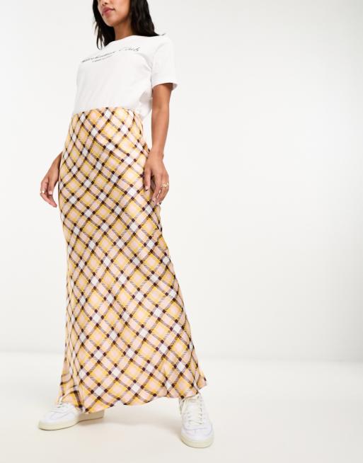 ASOS DESIGN satin bias maxi skirt in pink and yellow plaid