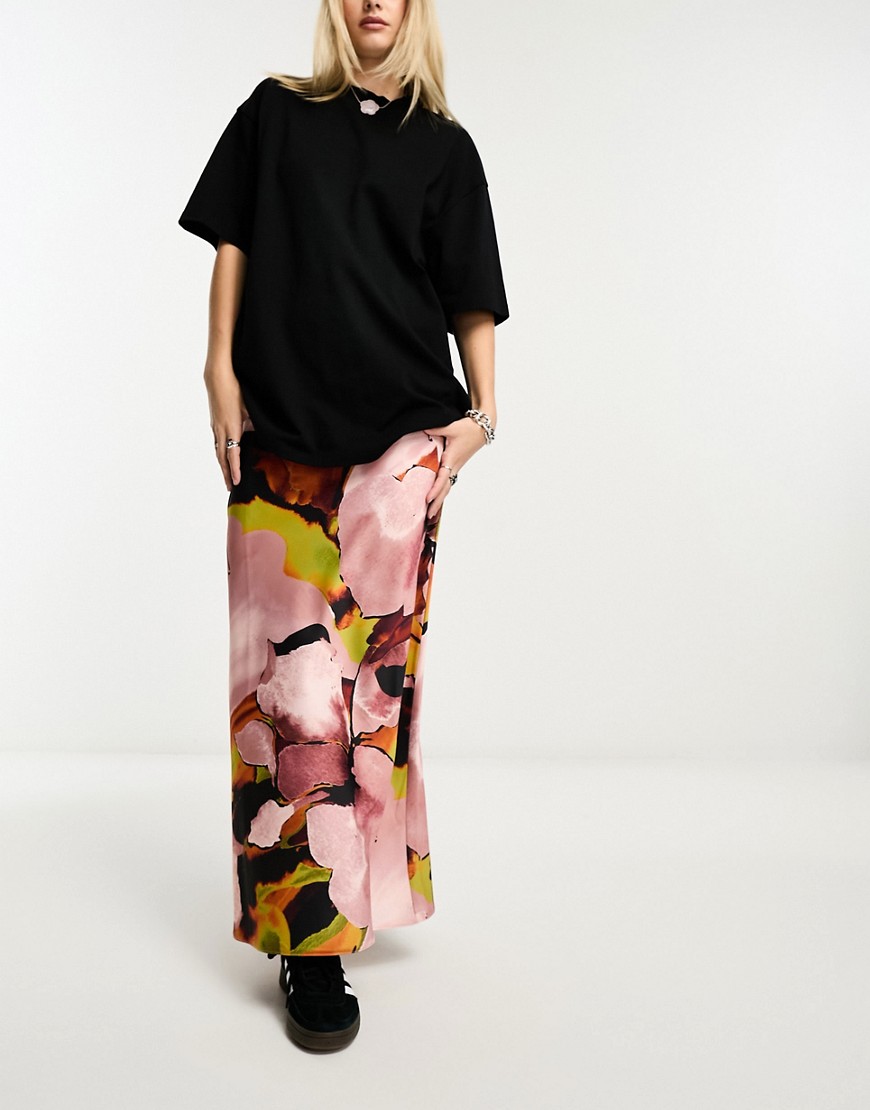ASOS DESIGN satin bias maxi skirt in pink graphic abstract print-Multi