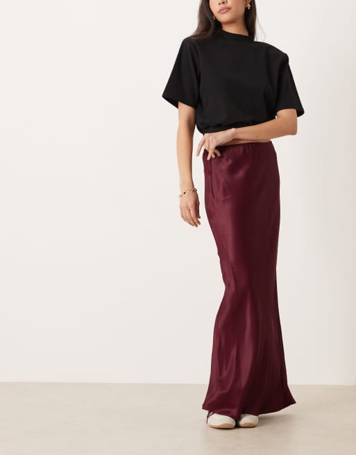 ASOS DESIGN satin bias maxi skirt in plum