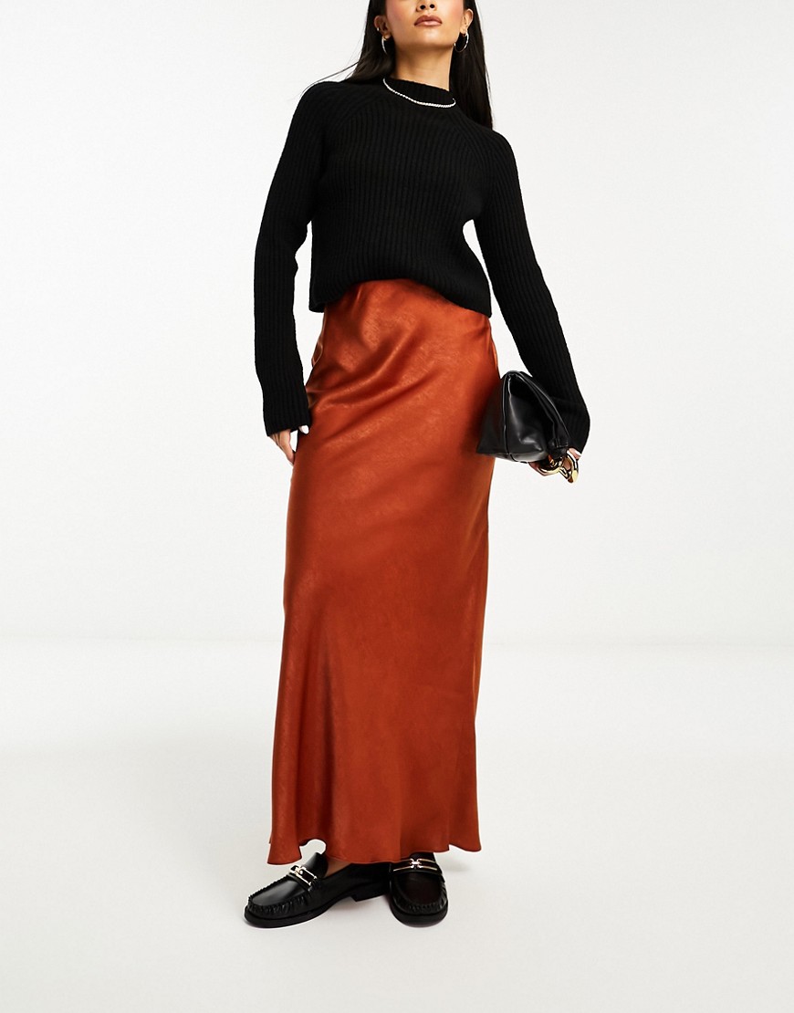 ASOS DESIGN satin bias maxi skirt in rust-Orange