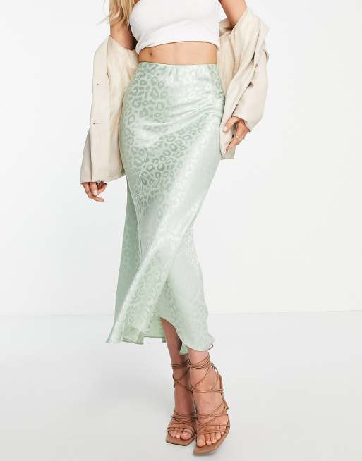 ASOS DESIGN satin bias maxi skirt in sage leopard jacquard