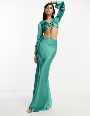 Asos Design Satin Bias Maxi Skirt In Teal - Part Of A Set-blue