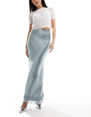 Asos Design Satin Bias Maxi Skirt With Lace Trim In Sage Green