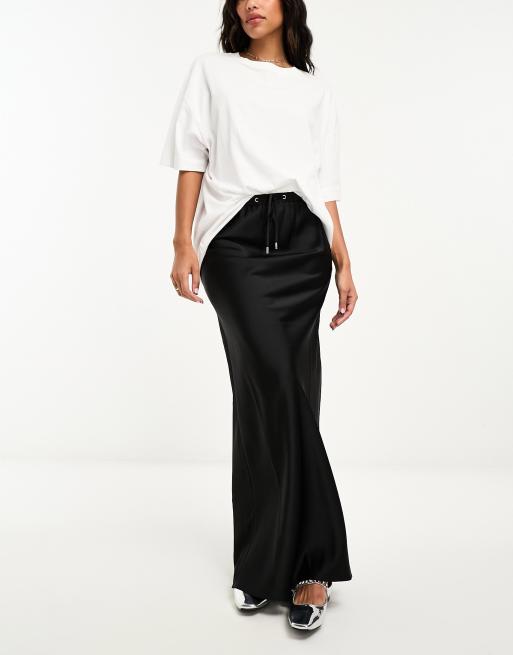 ASOS DESIGN satin bias maxi skirt with tie waist in black