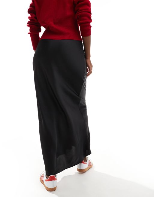 ASOS DESIGN satin bias maxi skirt with tie waist in black, 5 of 5