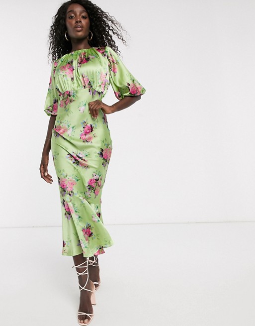 ASOS DESIGN satin bias midi dress with puff sleeves in bright floral print