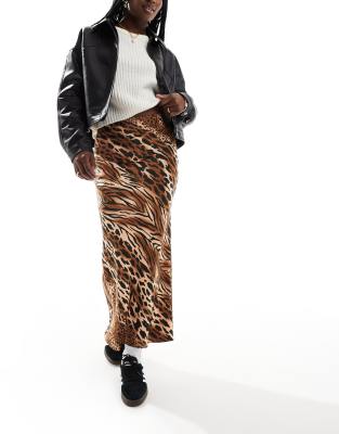 satin bias midi skirt in animal print-Multi