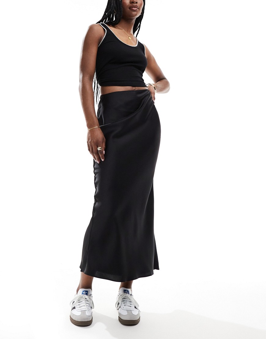 Asos Design Petite Satin Bias Midi Skirt In Black