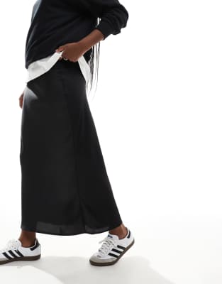 satin bias midi skirt in black