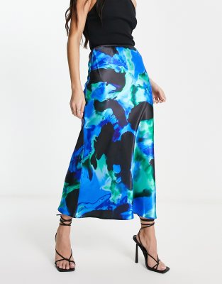 Asos Design Bias Cut Satin Midi Skirt In Blue