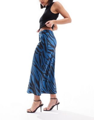 Asos Design Satin Bias Midi Skirt In Blue Zebra Print-multi