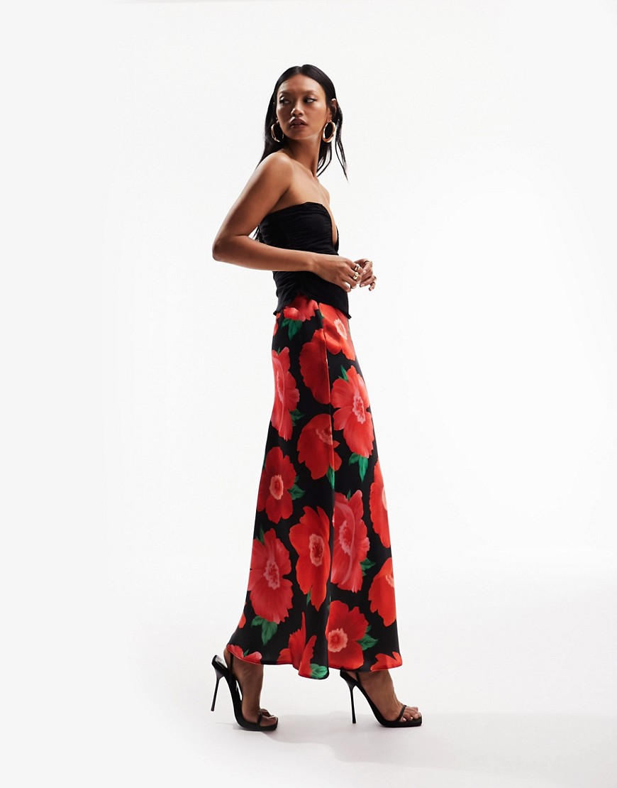 ASOS DESIGN satin bias midi skirt in bold poppy floral print-Multi