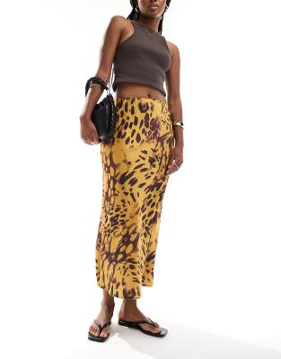 Asos Design Satin Bias Midi Skirt In Brown Mixed Animal Print