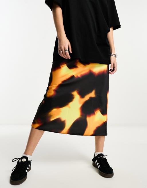 ASOS DESIGN satin bias midi skirt in dark yellow abstract print ASOS