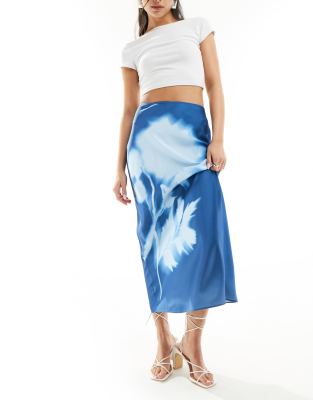 satin bias midi skirt in floral print-Multi