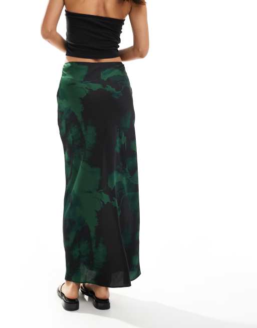 ASOS DESIGN satin bias midi skirt in green & black blurred floral, 3 of 5
