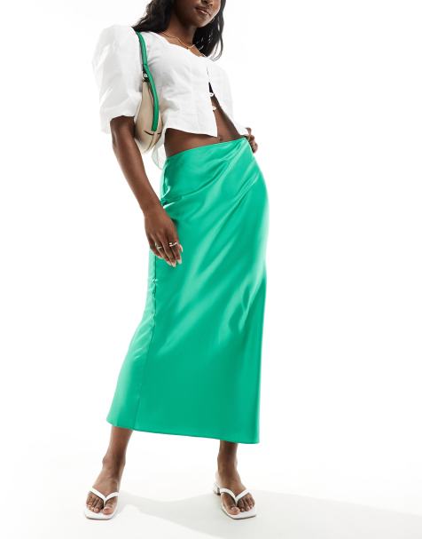 ASOS DESIGN satin bias midi skirt in green - view 1