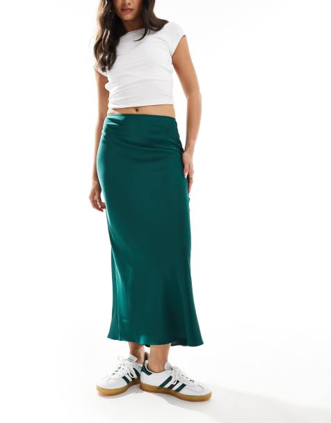 ASOS DESIGN satin bias midi skirt in green - view 1
