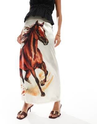 satin bias midi skirt in horse print-White