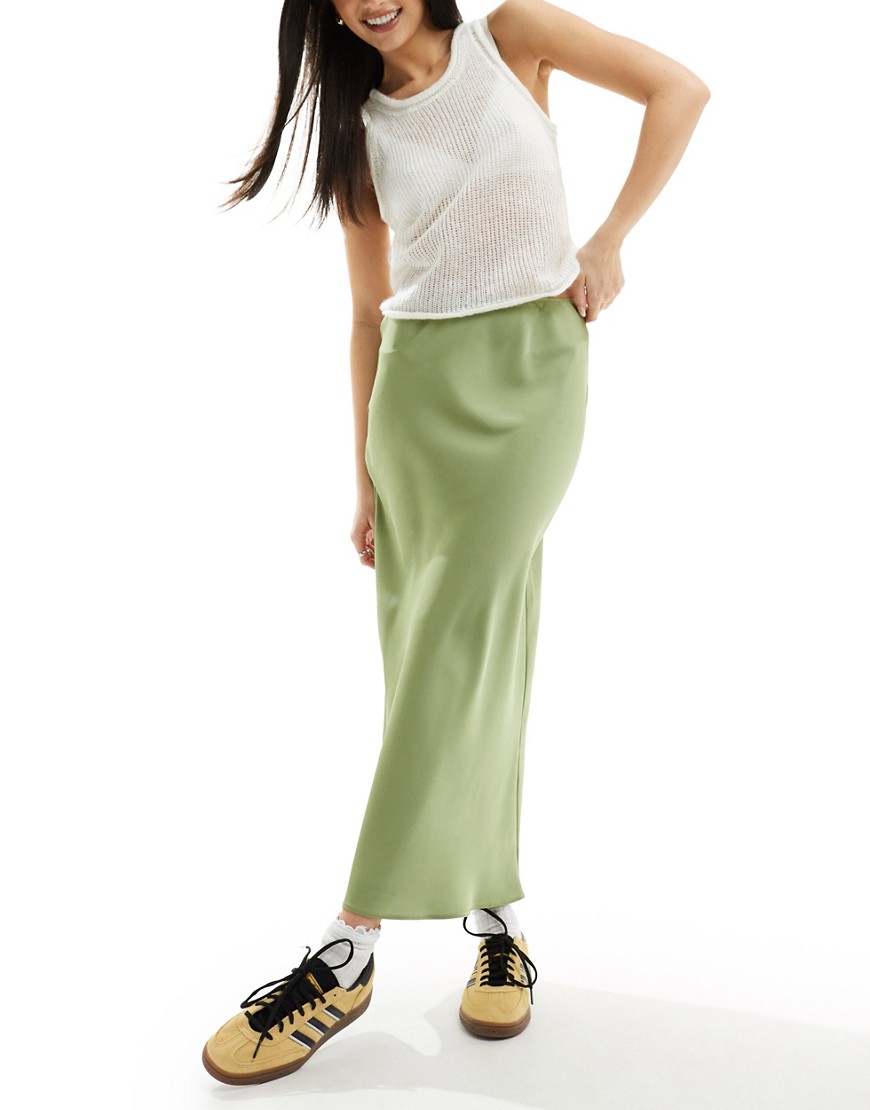 Asos Design Satin Bias Midi Skirt In Khaki-green