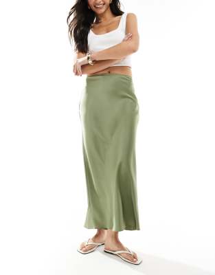 Asos Design Satin Bias Midi Skirt In Khaki-green