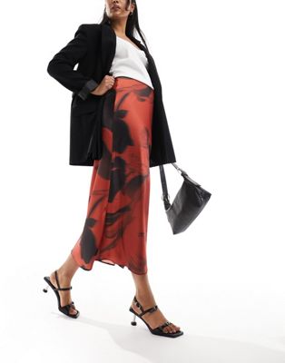Asos Design Satin Bias Midi Skirt In Large Scale Burgundy Floral-red