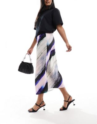 satin bias midi skirt in large stripe-Multi