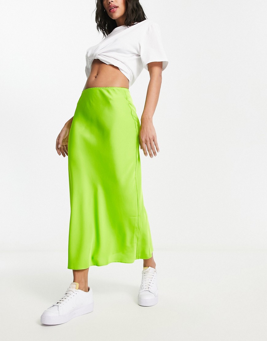 ASOS DESIGN satin bias midi skirt in lime-Green