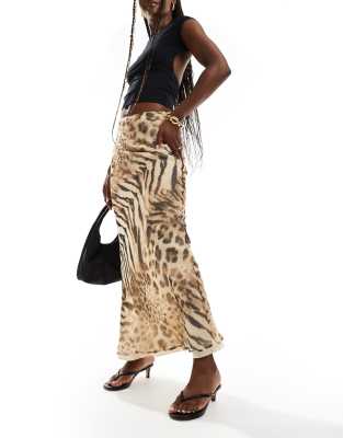Asos Design Satin Bias Midi Skirt In Mixed Leopard Print-multi