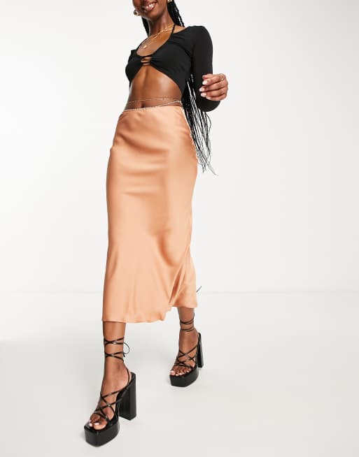 ASOS DESIGN satin bias midi skirt in mocha