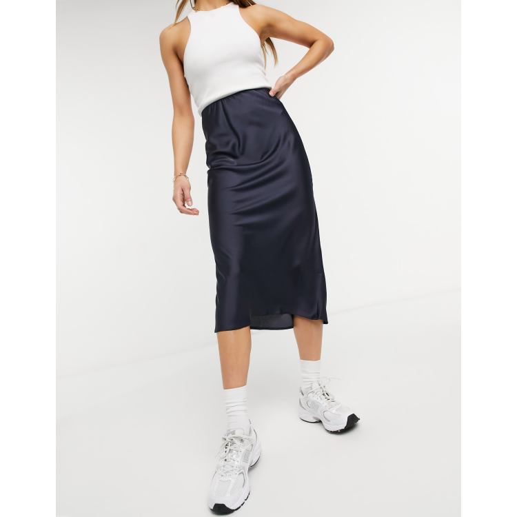 ASOS DESIGN satin bias midi skirt in navy