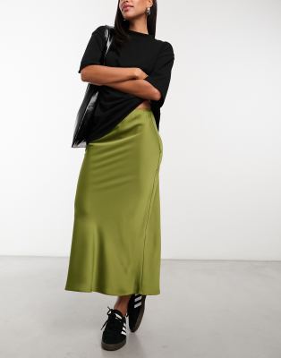 ASOS DESIGN satin bias midi skirt in olive