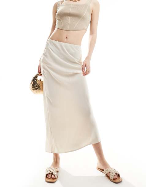 ASOS DESIGN satin bias midi skirt in oyster - view 1